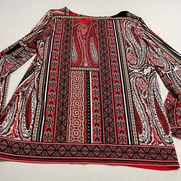 Chicos Boho Paisley Stretch Orange Red Bell Sleeve Blouse Top Size 2 US Large - Picture 9 of 11